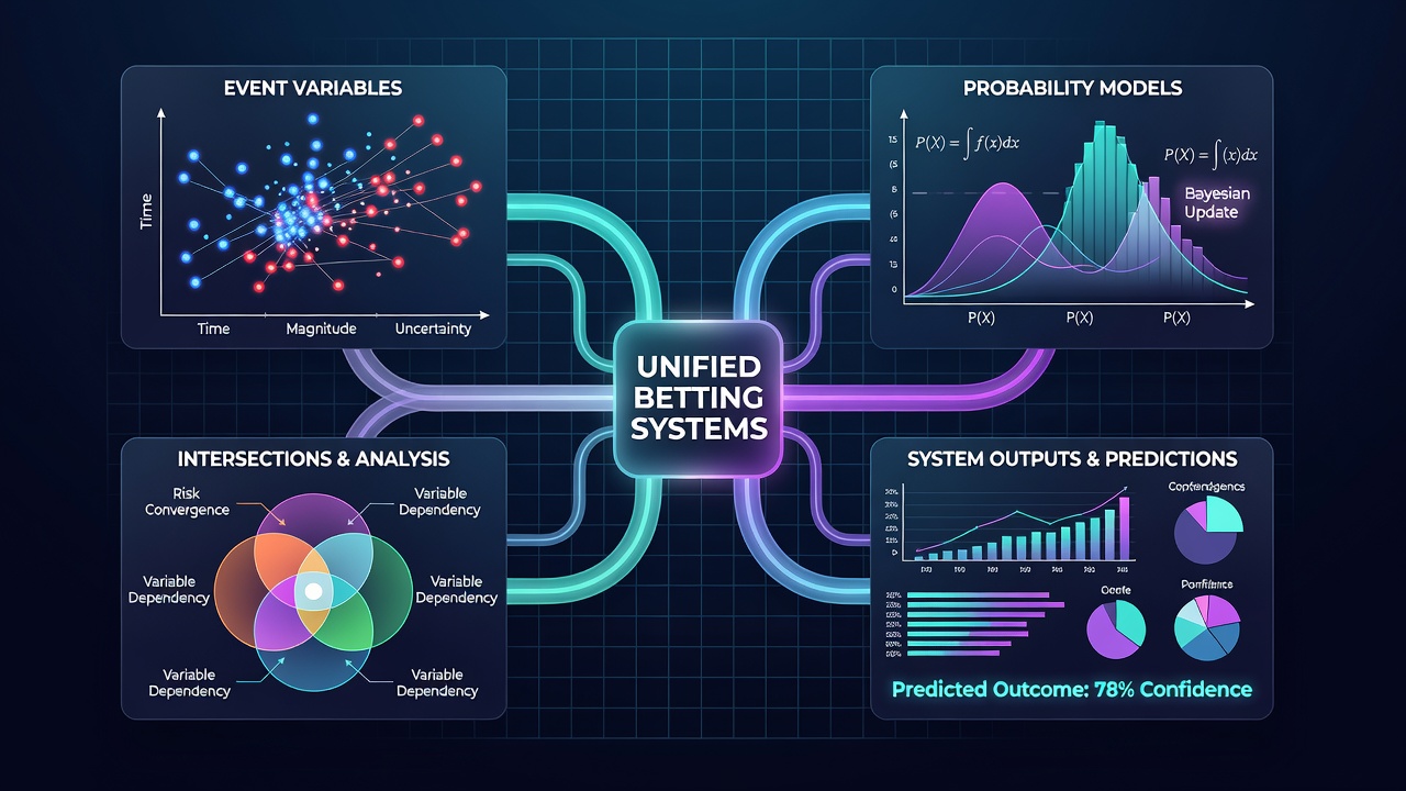 Diagram showing interconnected nodes of sports event variables feeding into probability models within a unified betting platform interface