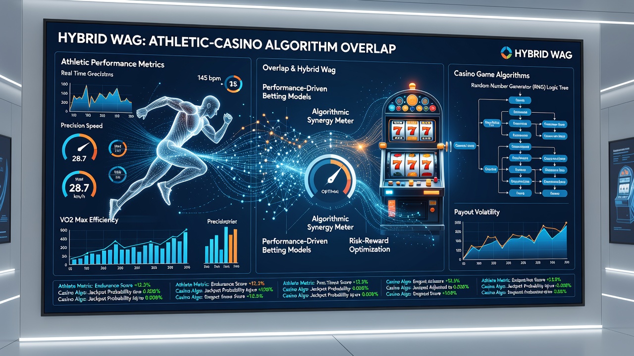 Split screen showing sports analytics dashboard merged with casino probability tables in a hybrid wagering interface