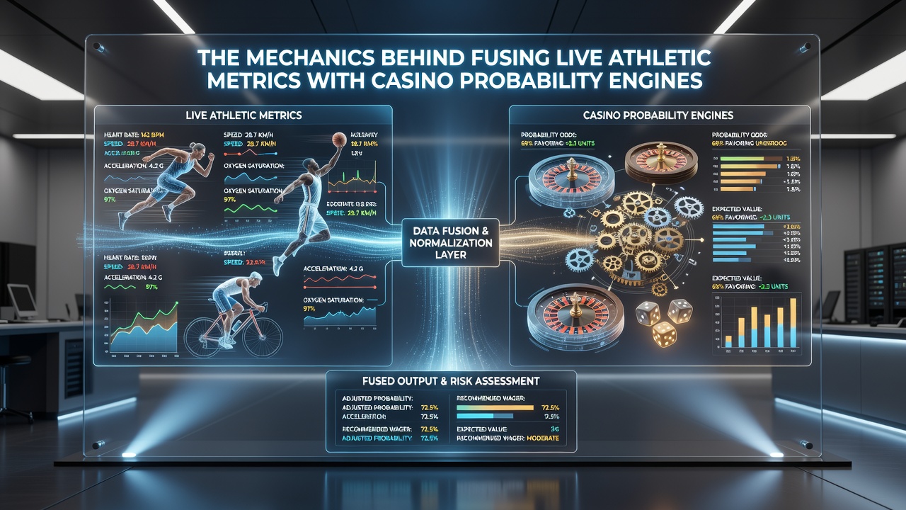 Flowchart illustrating data fusion points between biometric sensor outputs and casino-style probability simulation layers
